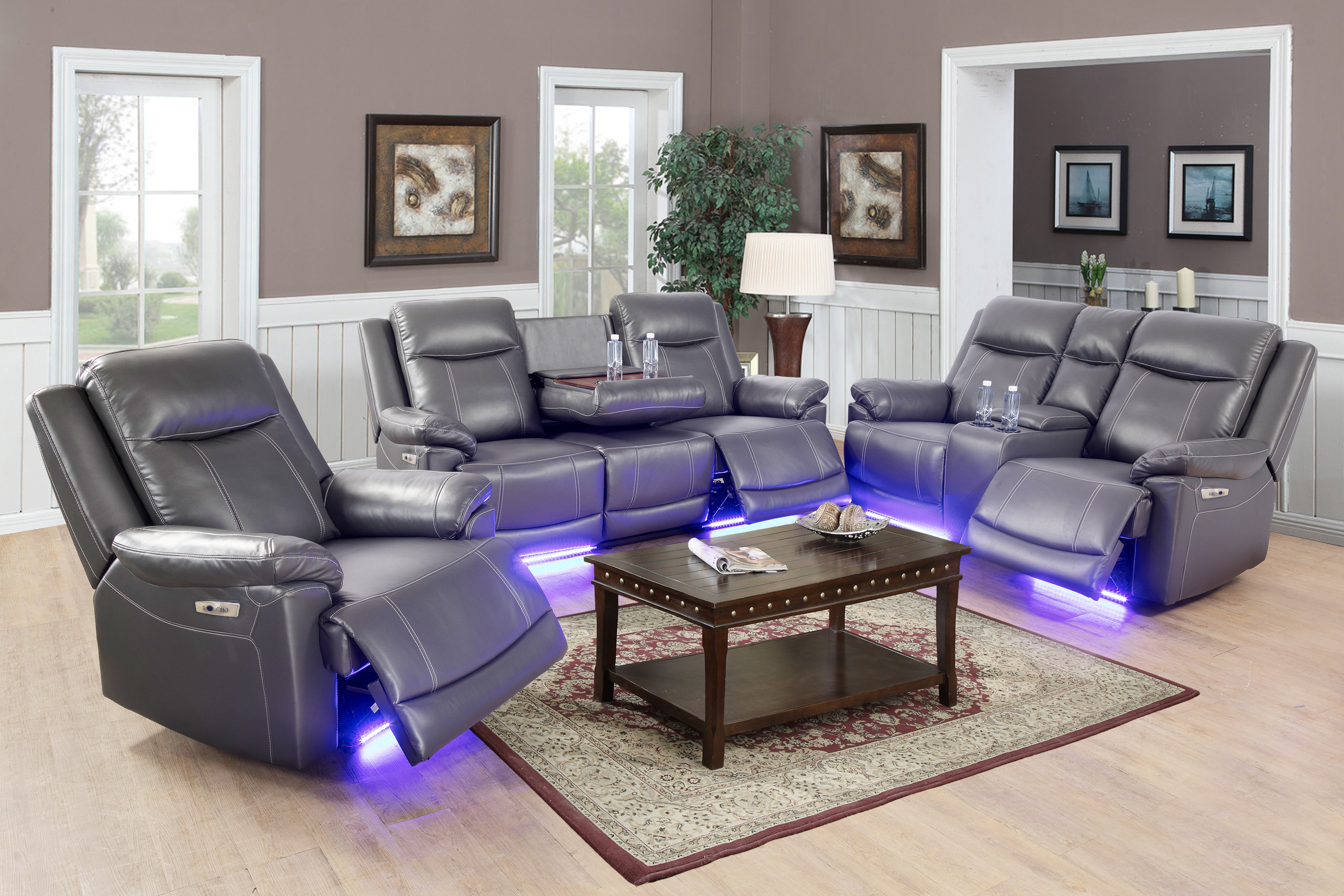 Leather power reclining living room set sale